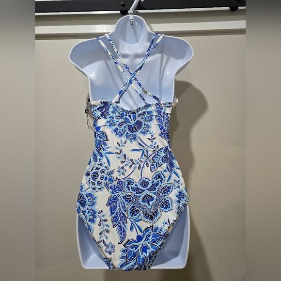 La Blanca Beyond The Pacific Underwire Lace Up One Piece NWOT Size 10 Blue/White - Picture 4 of 5